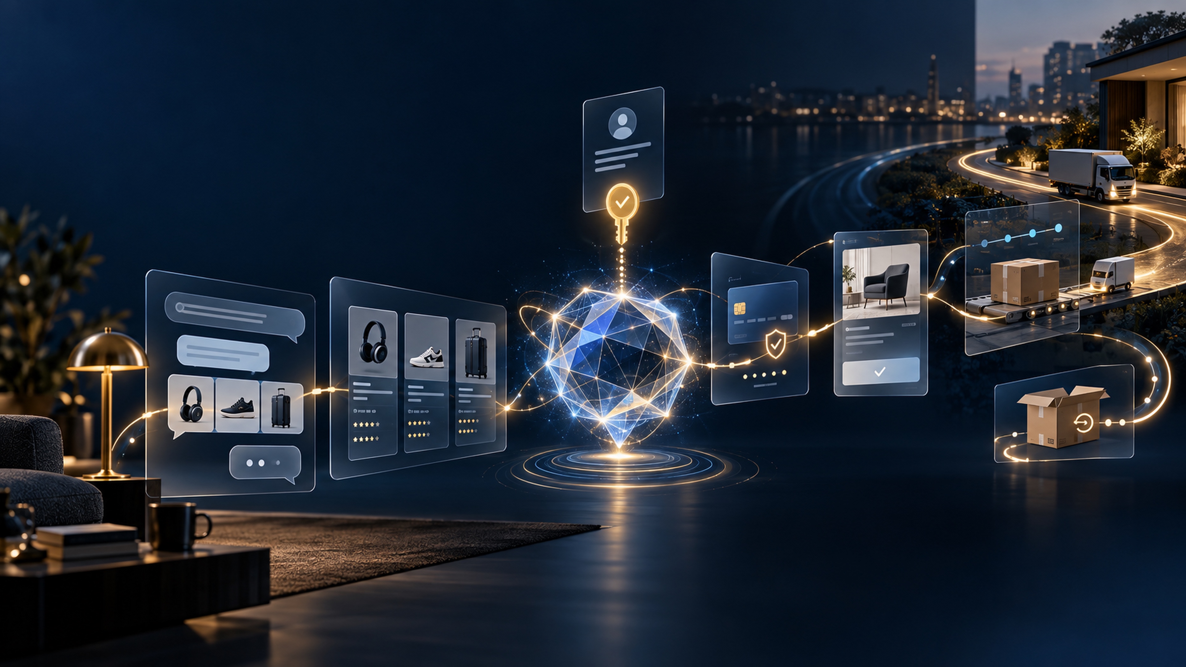 An AI shopping assistant connects a customer, merchant and payment network