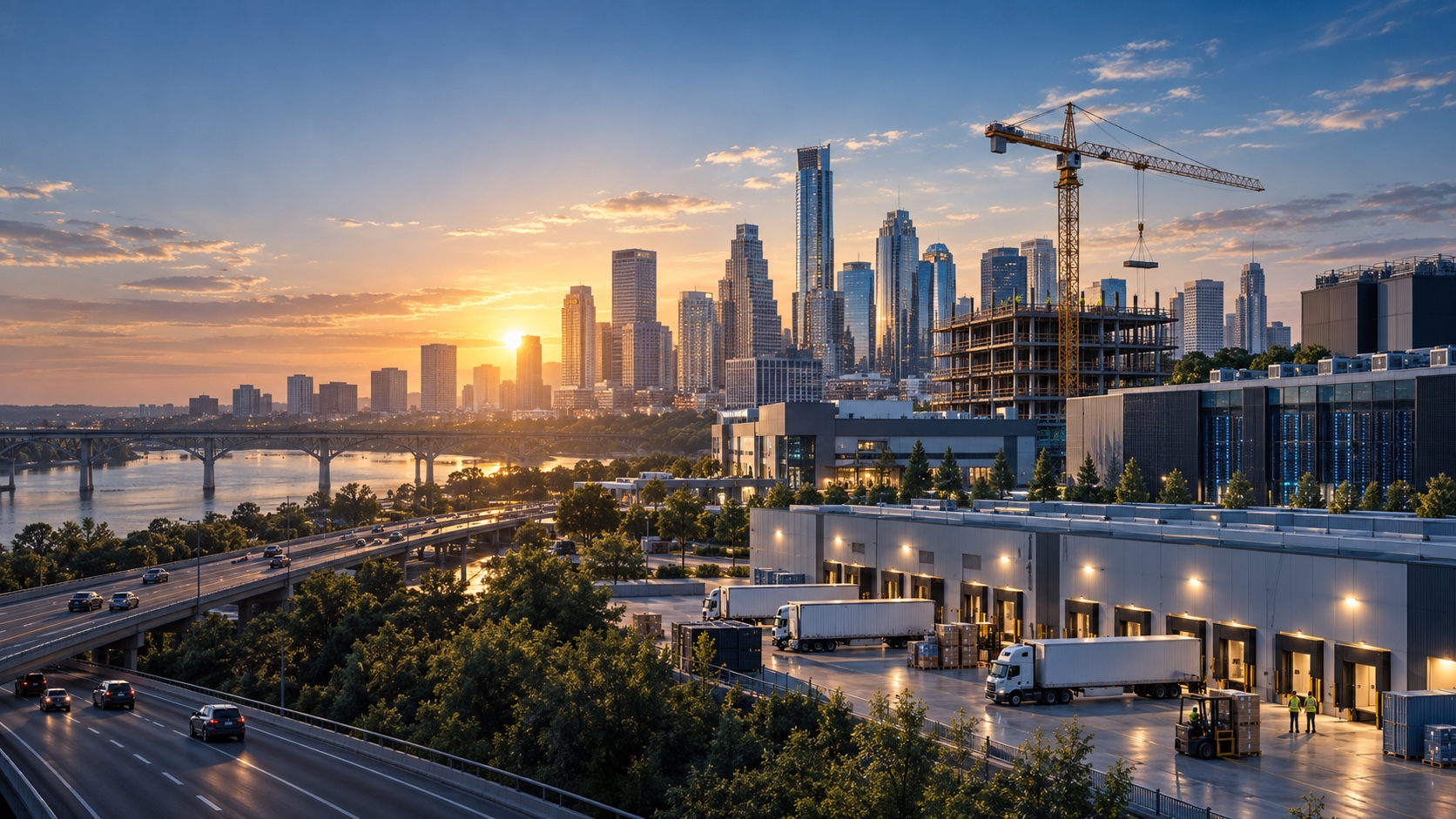 A city and financial market scene accompanying the discussion of interest rates