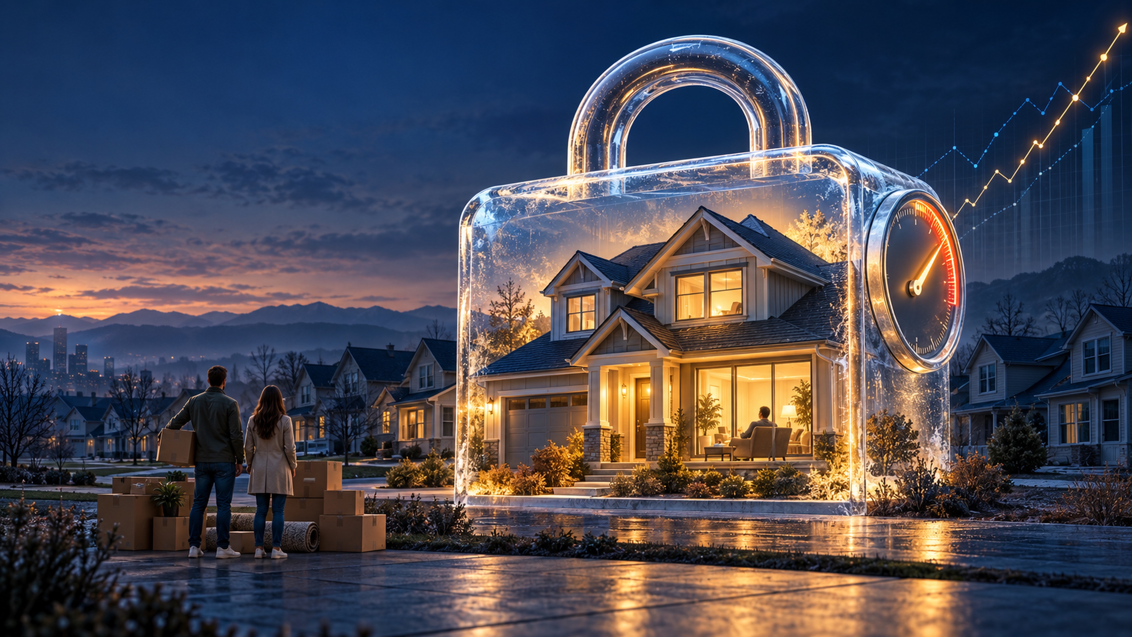 A house appears inside a transparent lock, illustrating mortgage rate lock-in